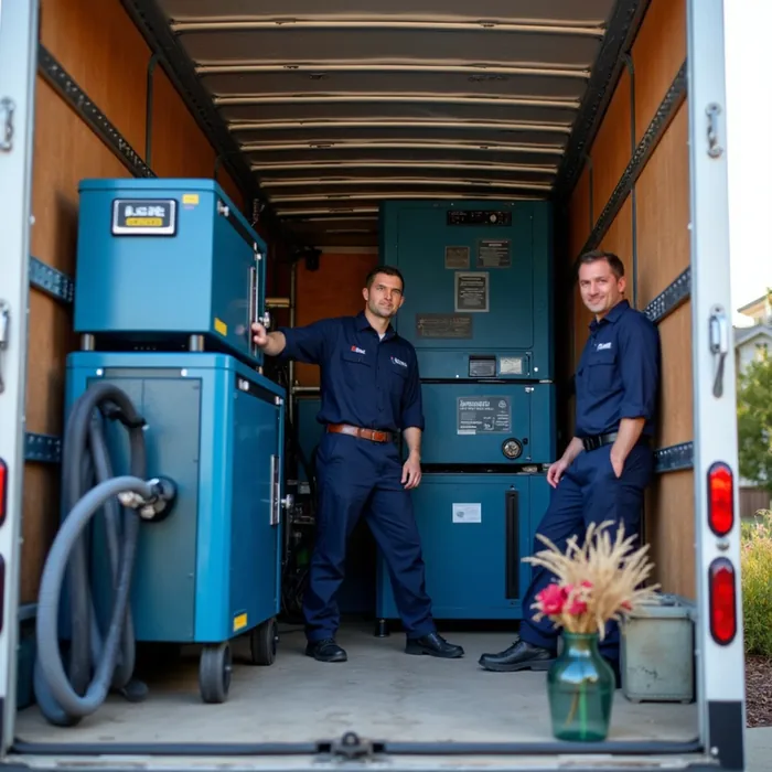 Commercial dehumidifiers and air movers loaded in a San Ramon restoration truck