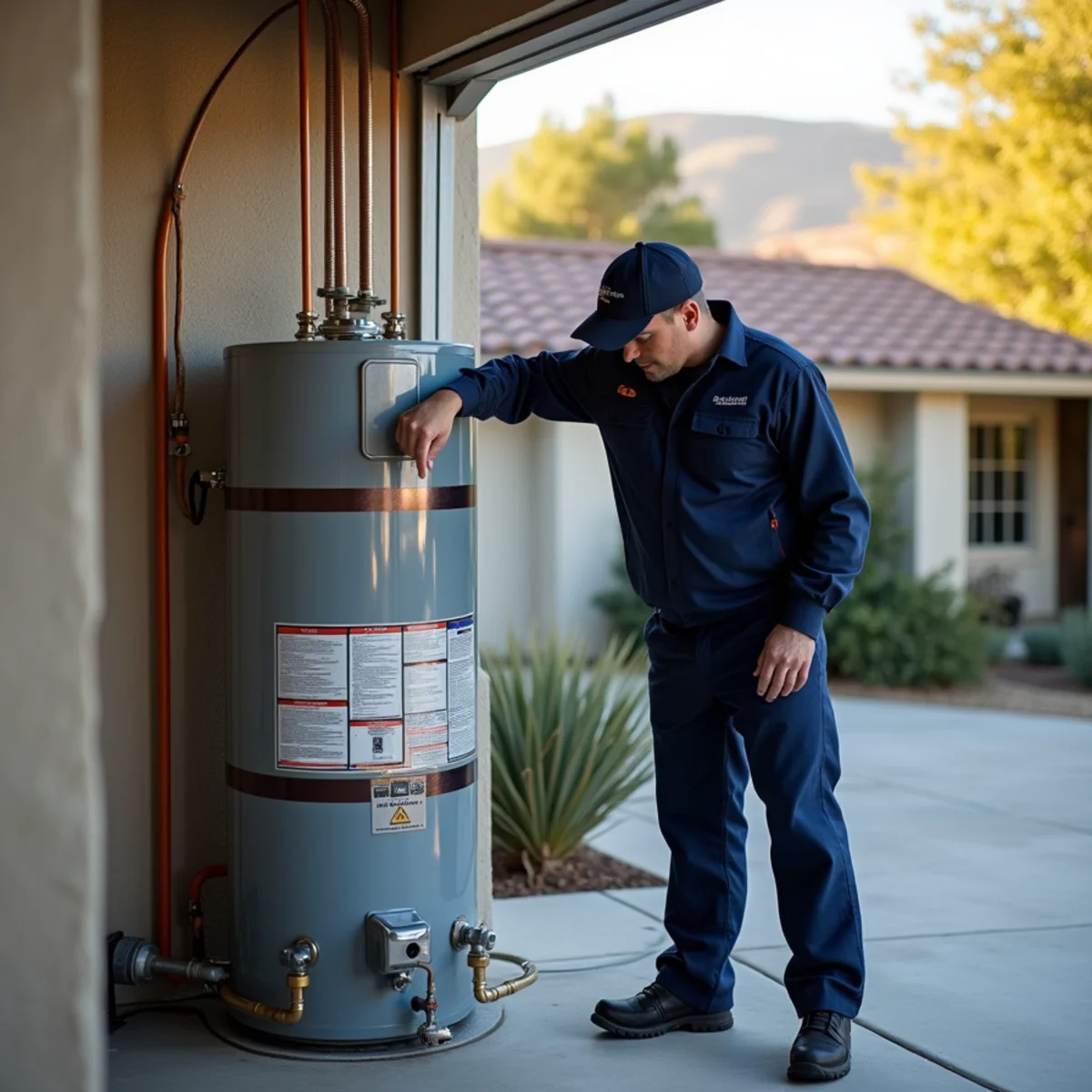 Water heater with two seismic straps installed in a San Ramon garage