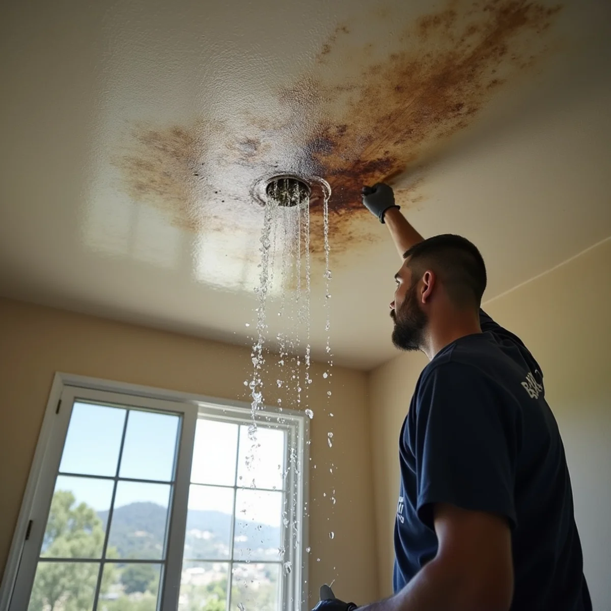 Water dripping through a stained ceiling during a storm in a San Ramon home