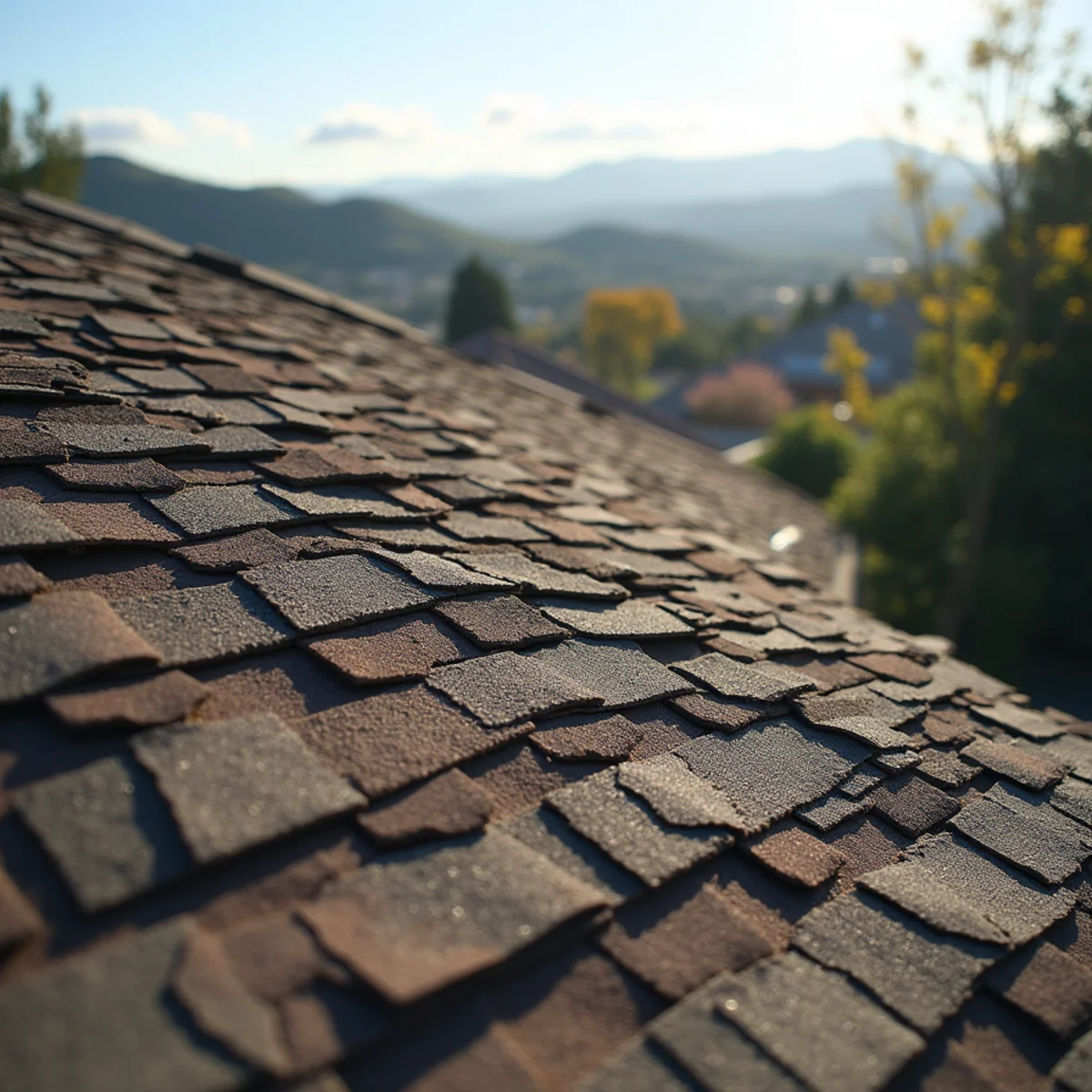 Wind-lifted roof shingles on a hillside home in San Ramon after a Diablo wind event