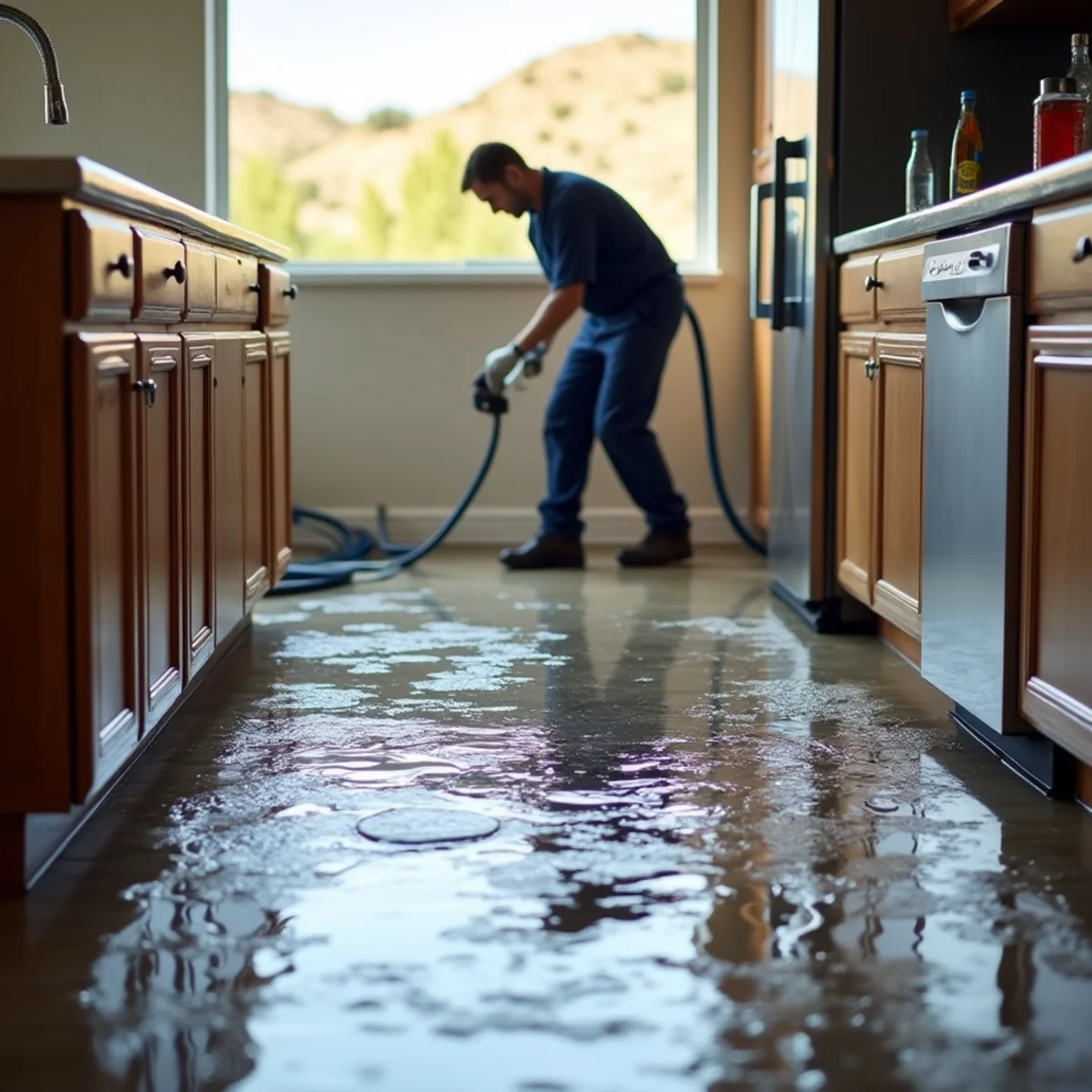 Water spreading across a kitchen floor from a leaking dishwasher in a San Ramon home