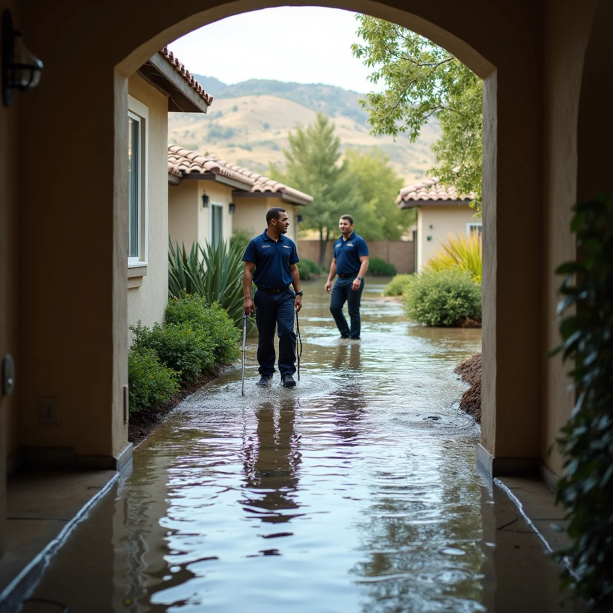 Storm water pooling at the threshold of a San Ramon home during heavy rain