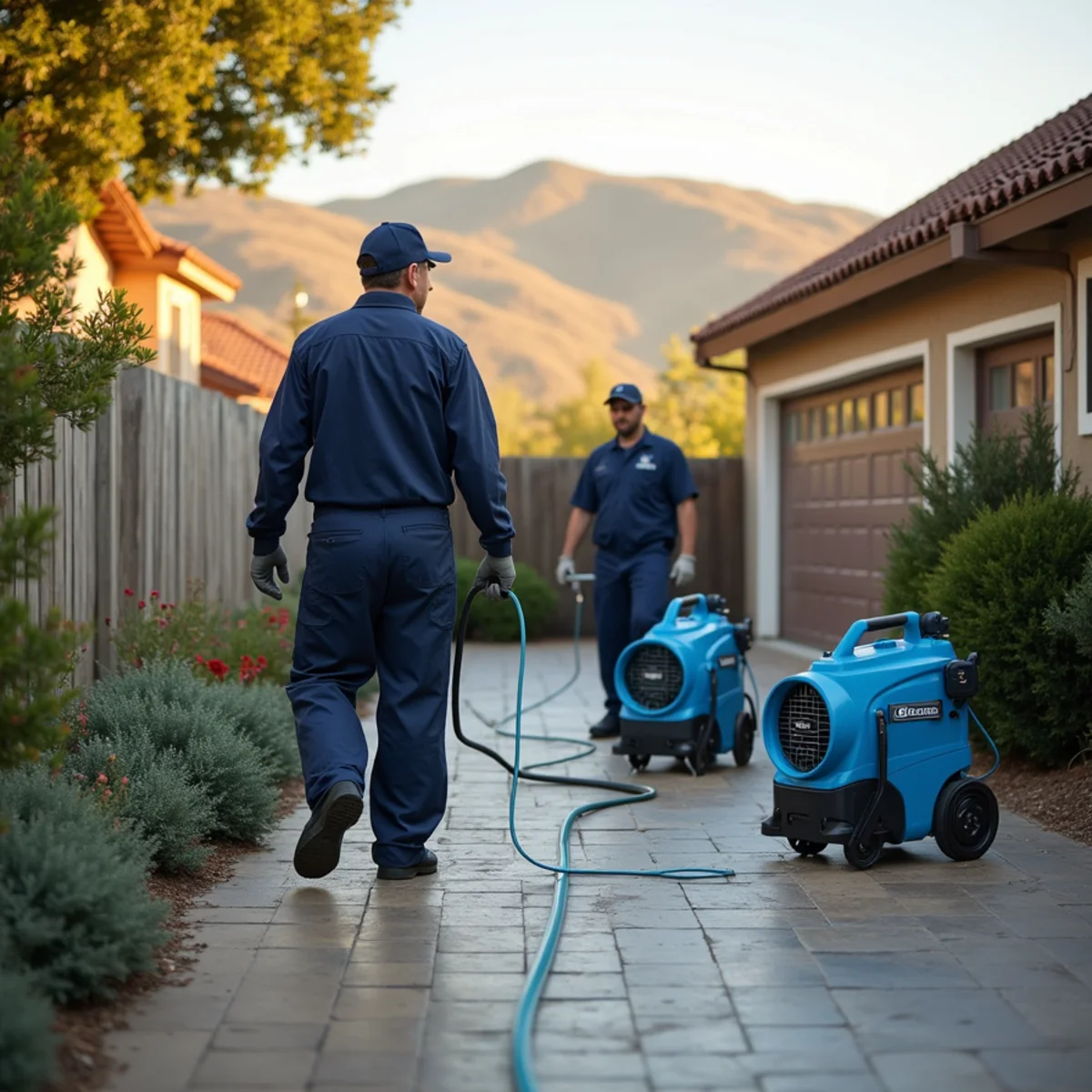 Air movers and dehumidifier running during structural drying in a San Ramon home