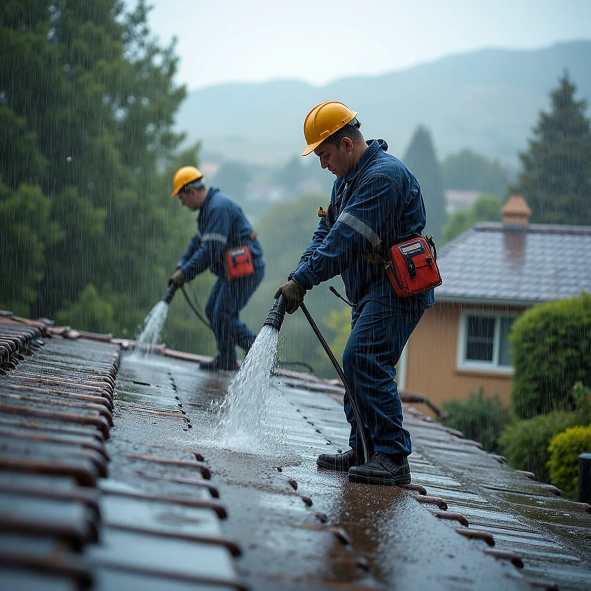Heavy rain running off a San Ramon roof during an atmospheric river storm