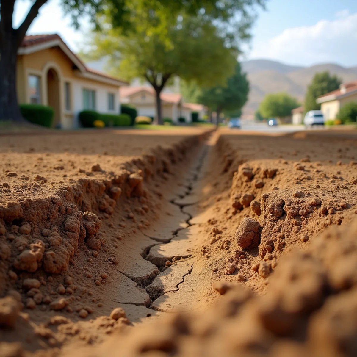 Cracked dry clay soil beside a foundation in the San Ramon Valley during summer