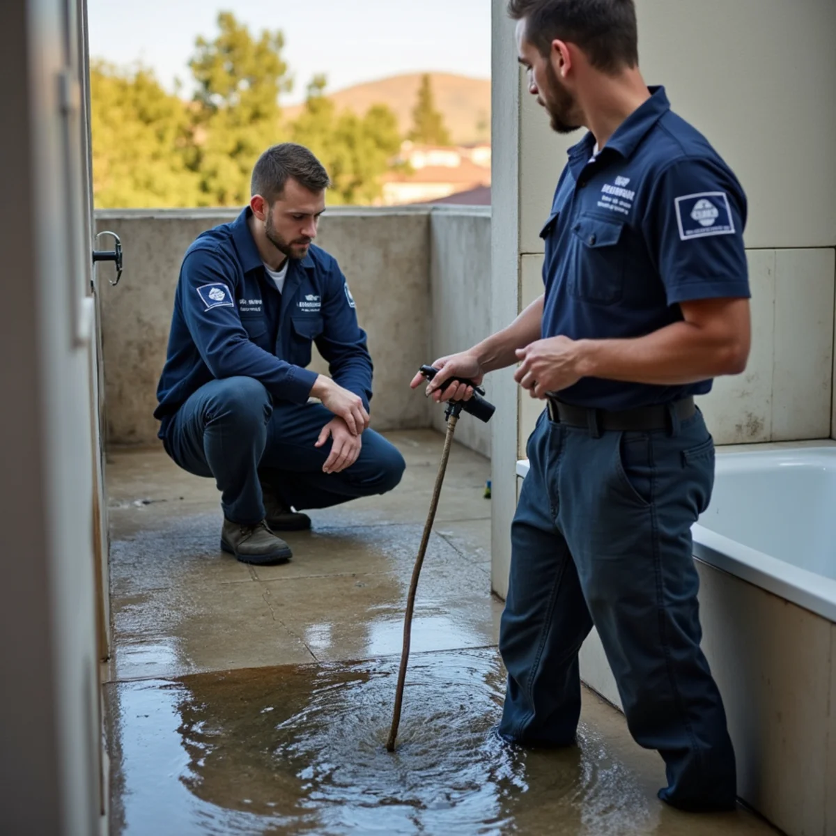 Shower drain after a sewage backup in a San Ramon home awaiting professional cleanup