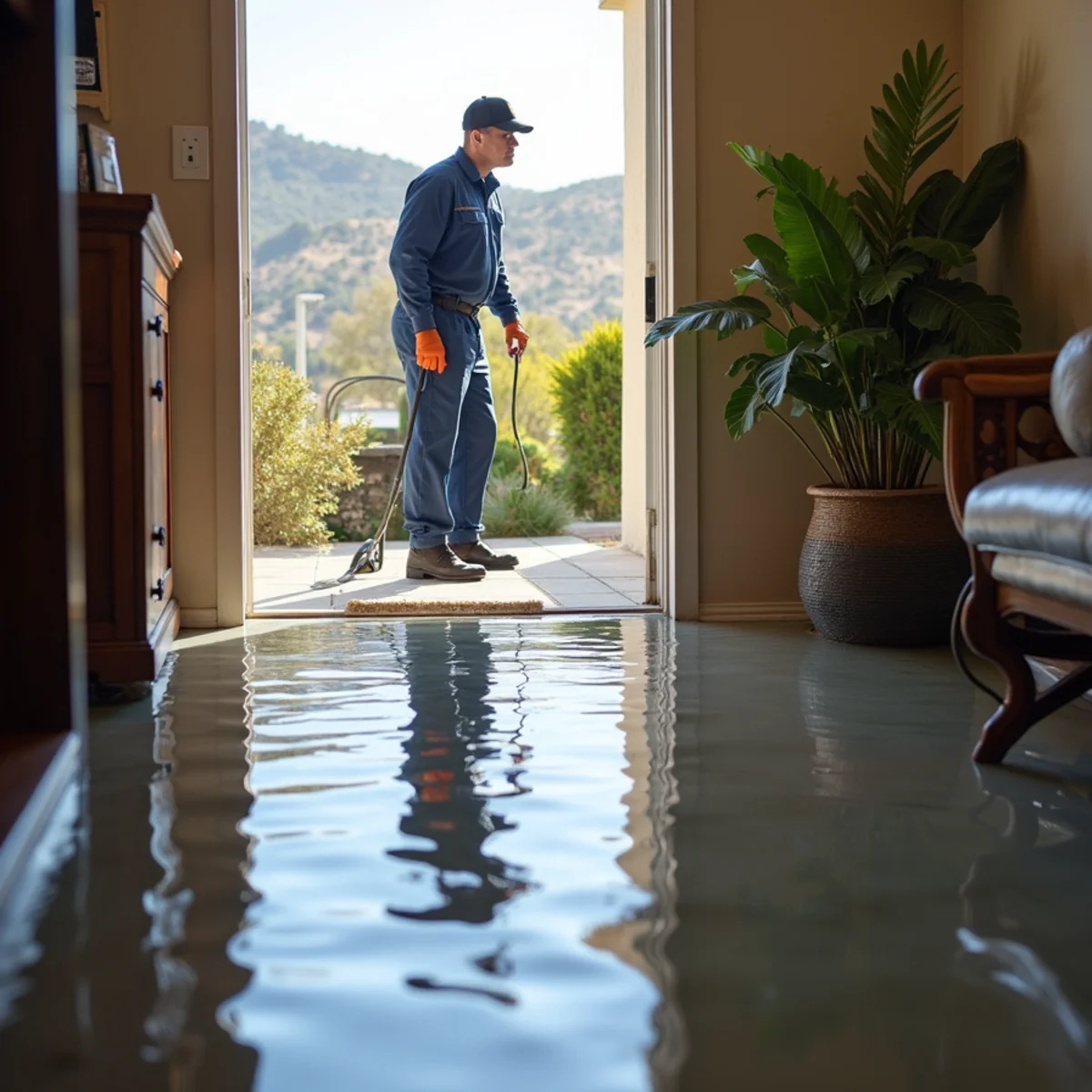 Standing water across a floor inside a San Ramon home awaiting extraction