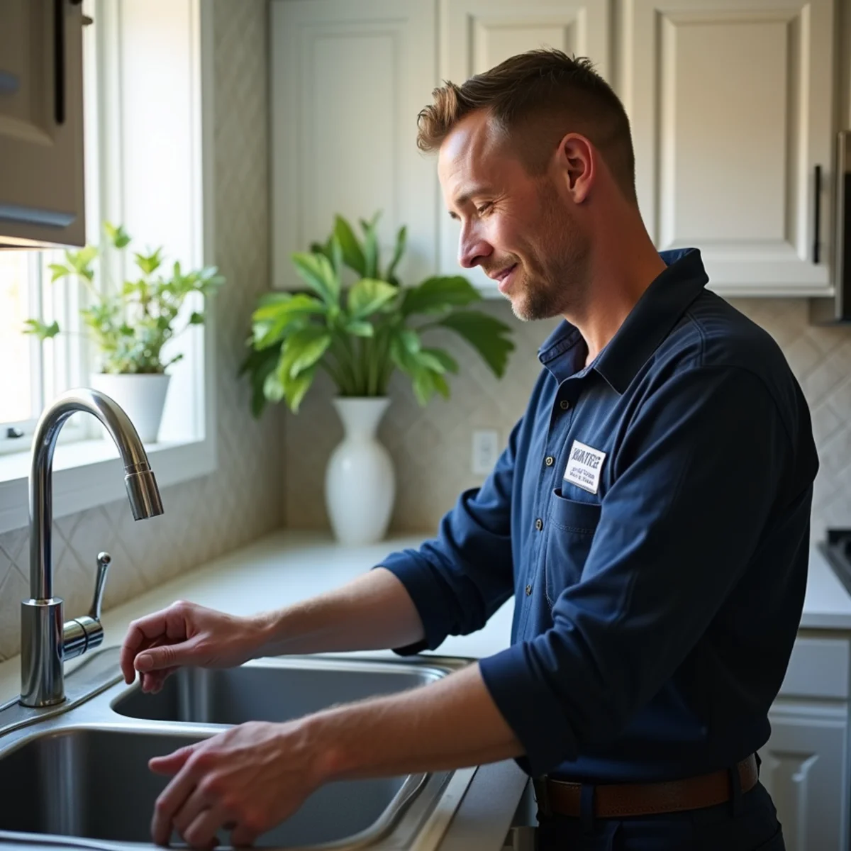 Homeowner checking under a kitchen sink during a monthly leak inspection