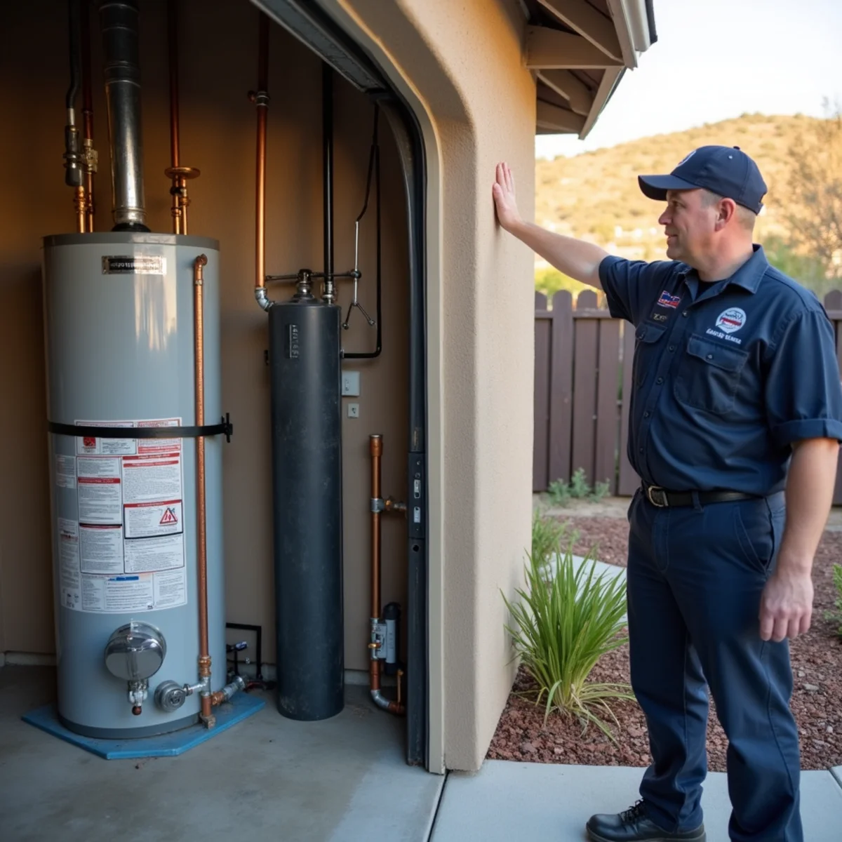 Water heater with seismic strapping in a San Ramon garage after checking for earthquake damage