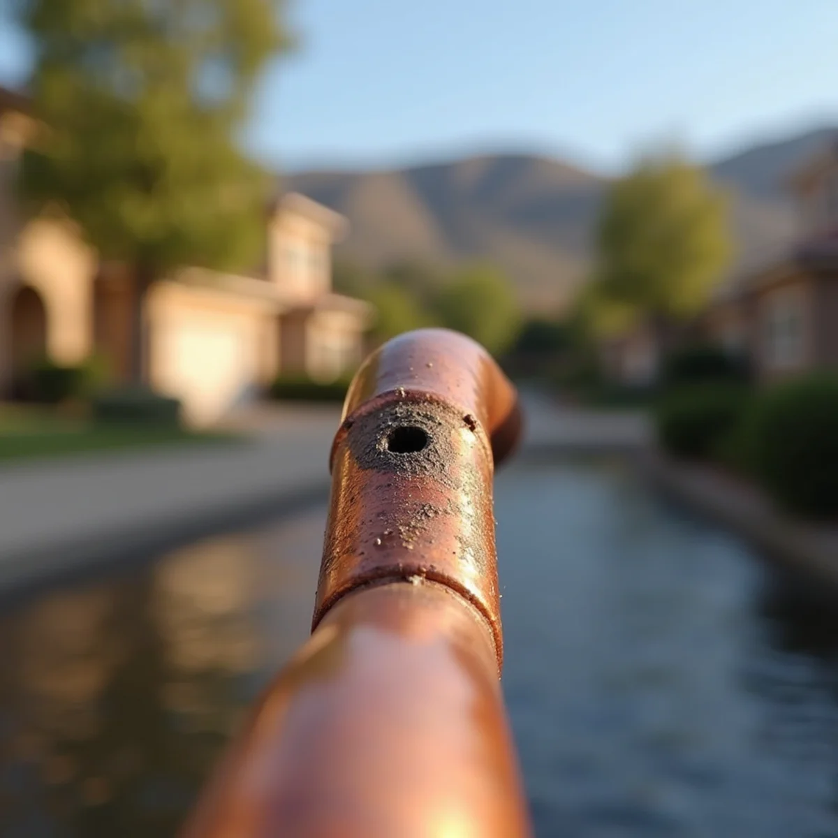 Copper pipe section showing pinhole leak from hard water pitting corrosion