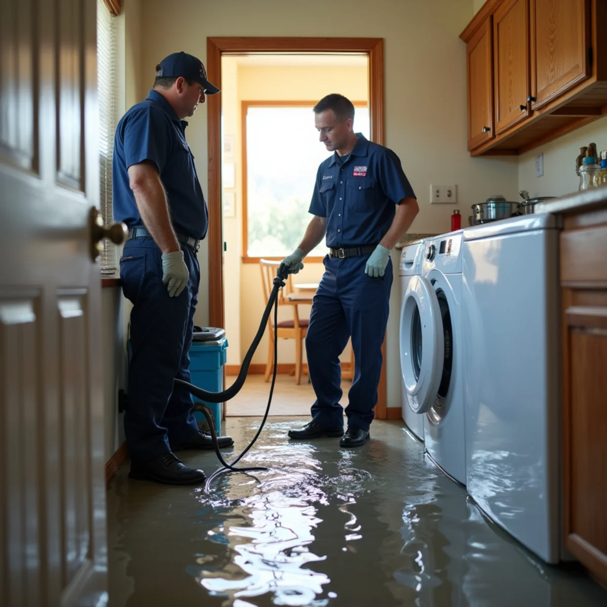 Flooded laundry room from a burst washing machine supply hose in a San Ramon home