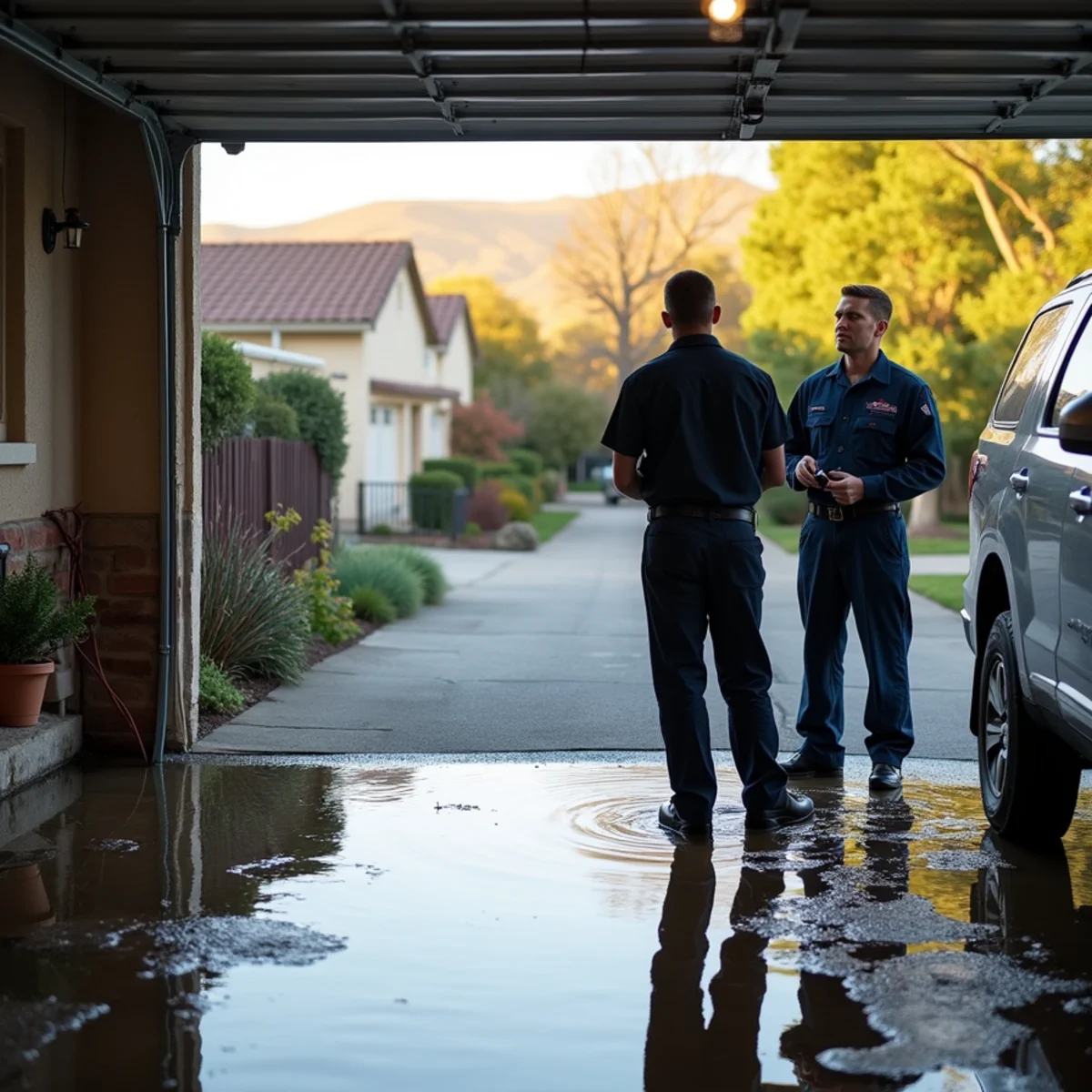 Flooded garage floor beside a failed water heater in a San Ramon home