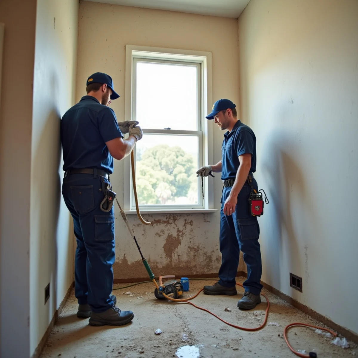 Flood cut removing wet drywall at the base of a wall in a San Ramon home