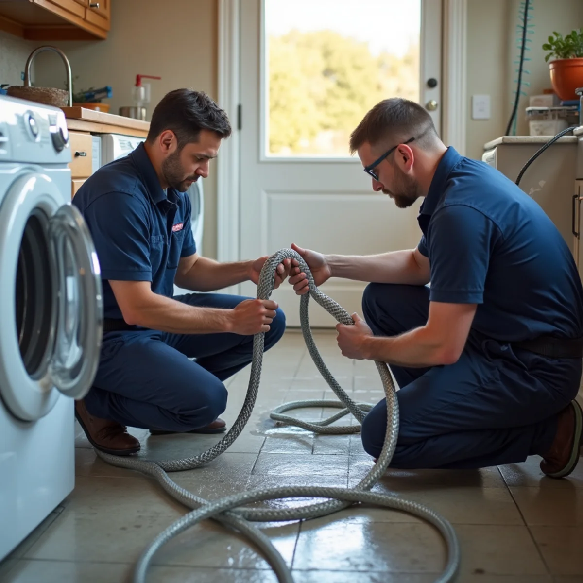 Braided stainless steel washing machine hoses installed in a San Ramon laundry room