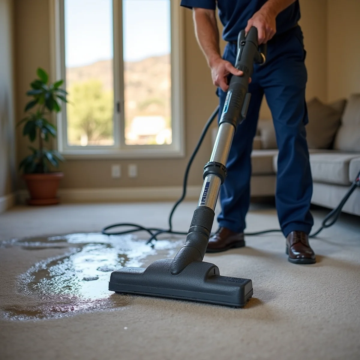 Weighted extraction tool pulling water from carpet and pad in a San Ramon home