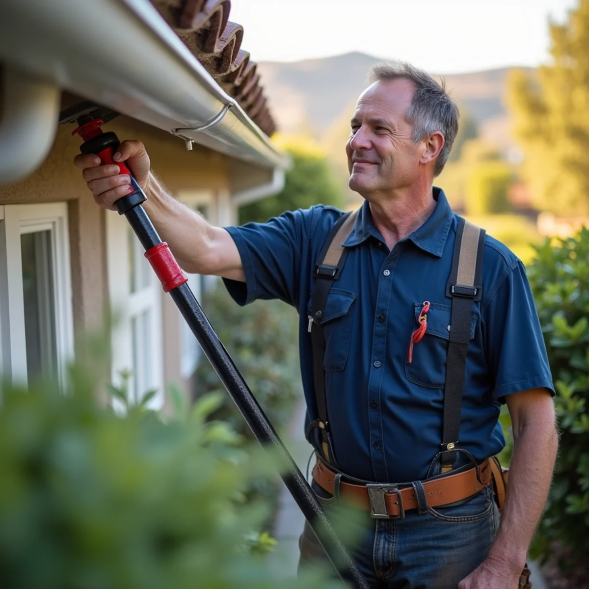 Homeowner clearing gutters before the rainy season at a San Ramon home
