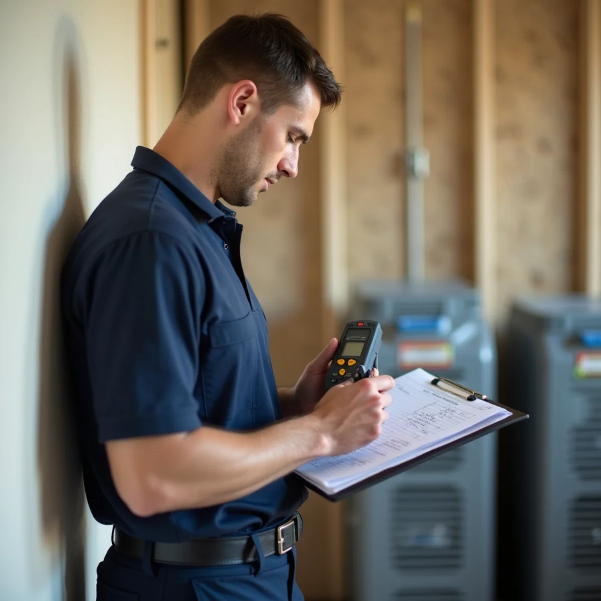Restoration technician reviewing moisture readings in a San Ramon home