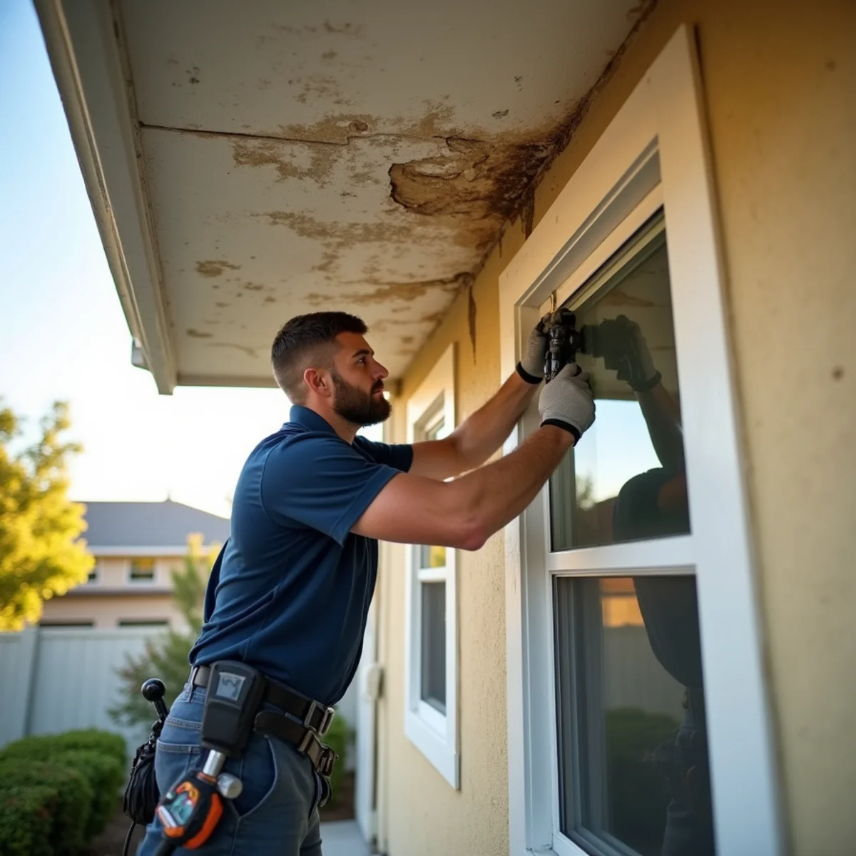 Water stained and sagging ceiling being repaired in a San Ramon home