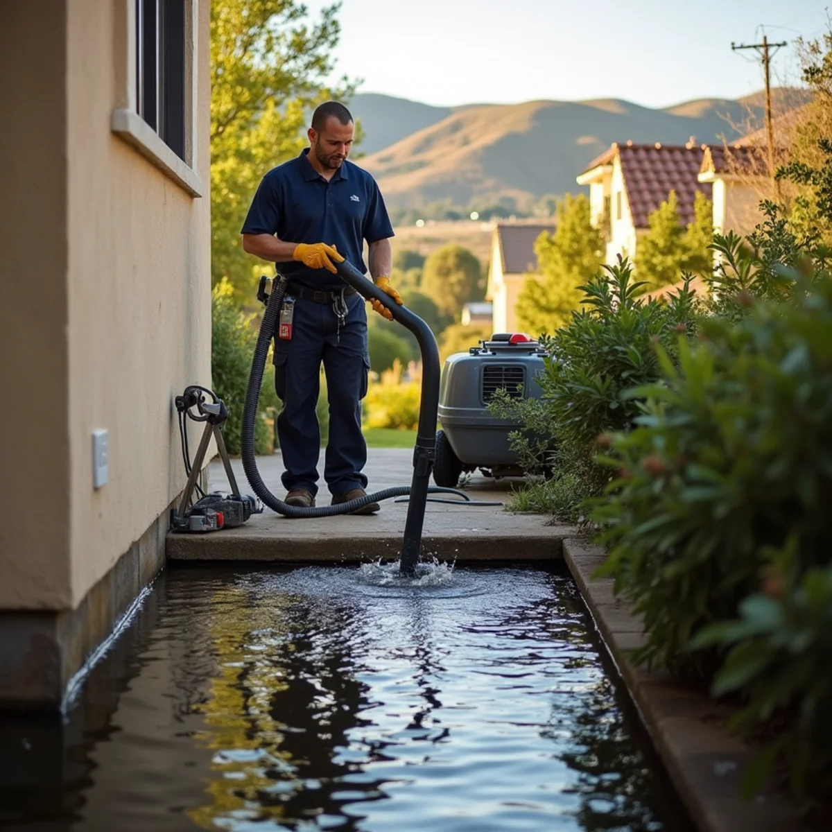 Technician pumping standing water out of a flooded crawl space beneath a San Ramon home