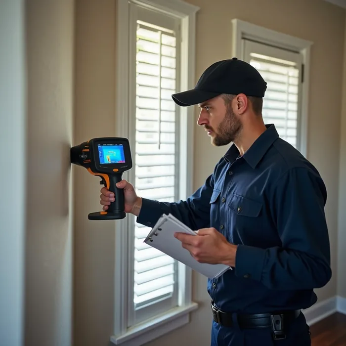 Technician moisture mapping a wall with a thermal camera in San Ramon