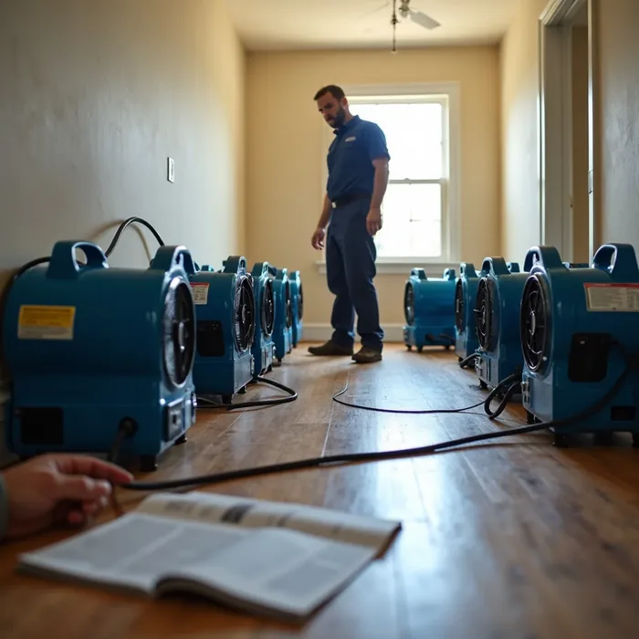 Air movers and dehumidifiers drying a San Ramon home interior