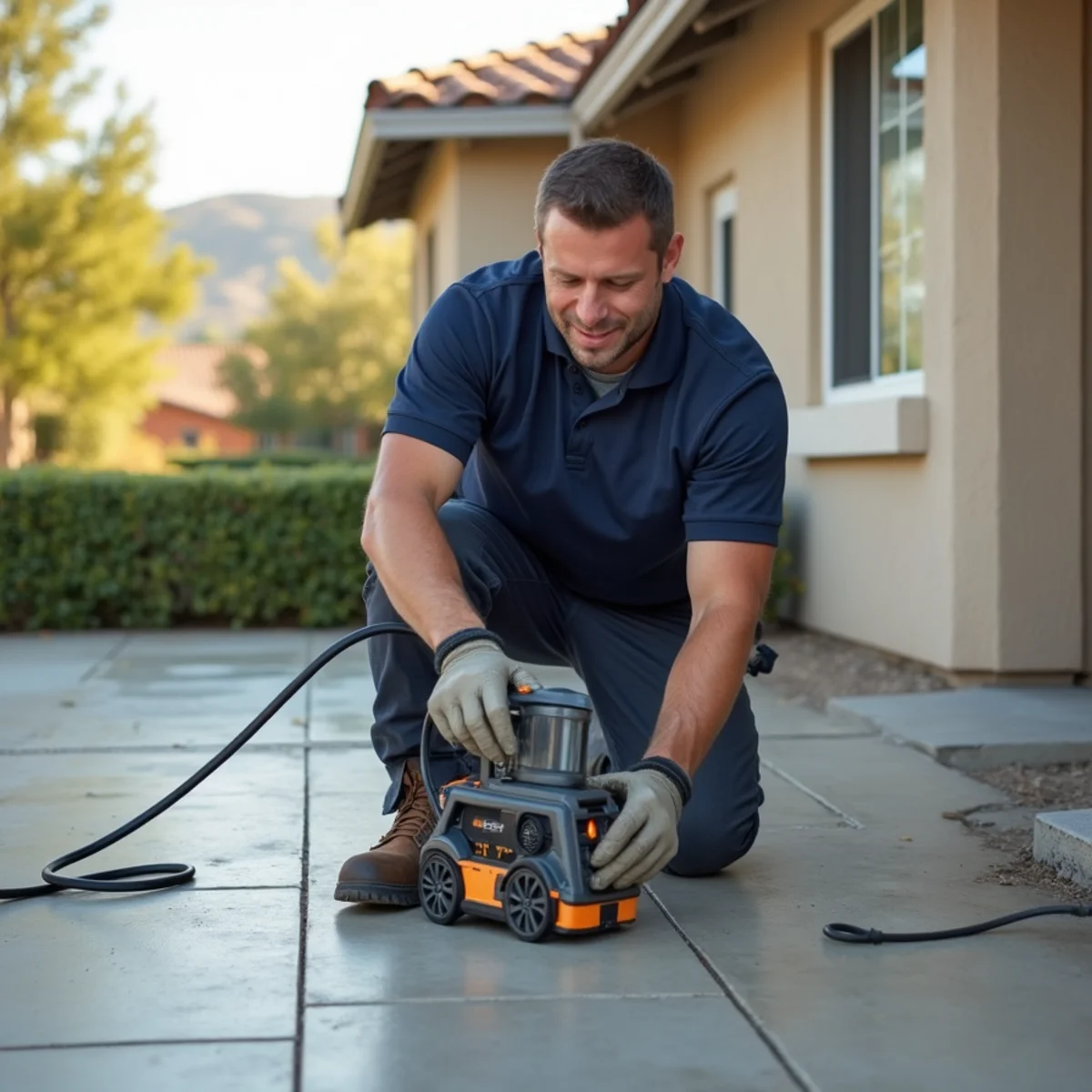 Leak detection technician using acoustic equipment on a slab floor in a San Ramon home