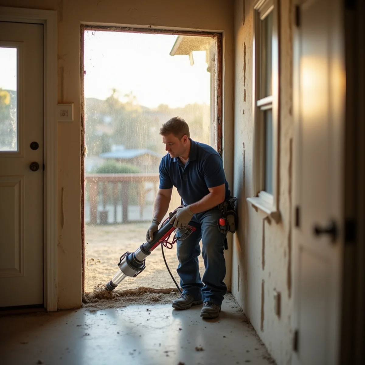 Mold remediation technician working inside a containment barrier in a San Ramon home