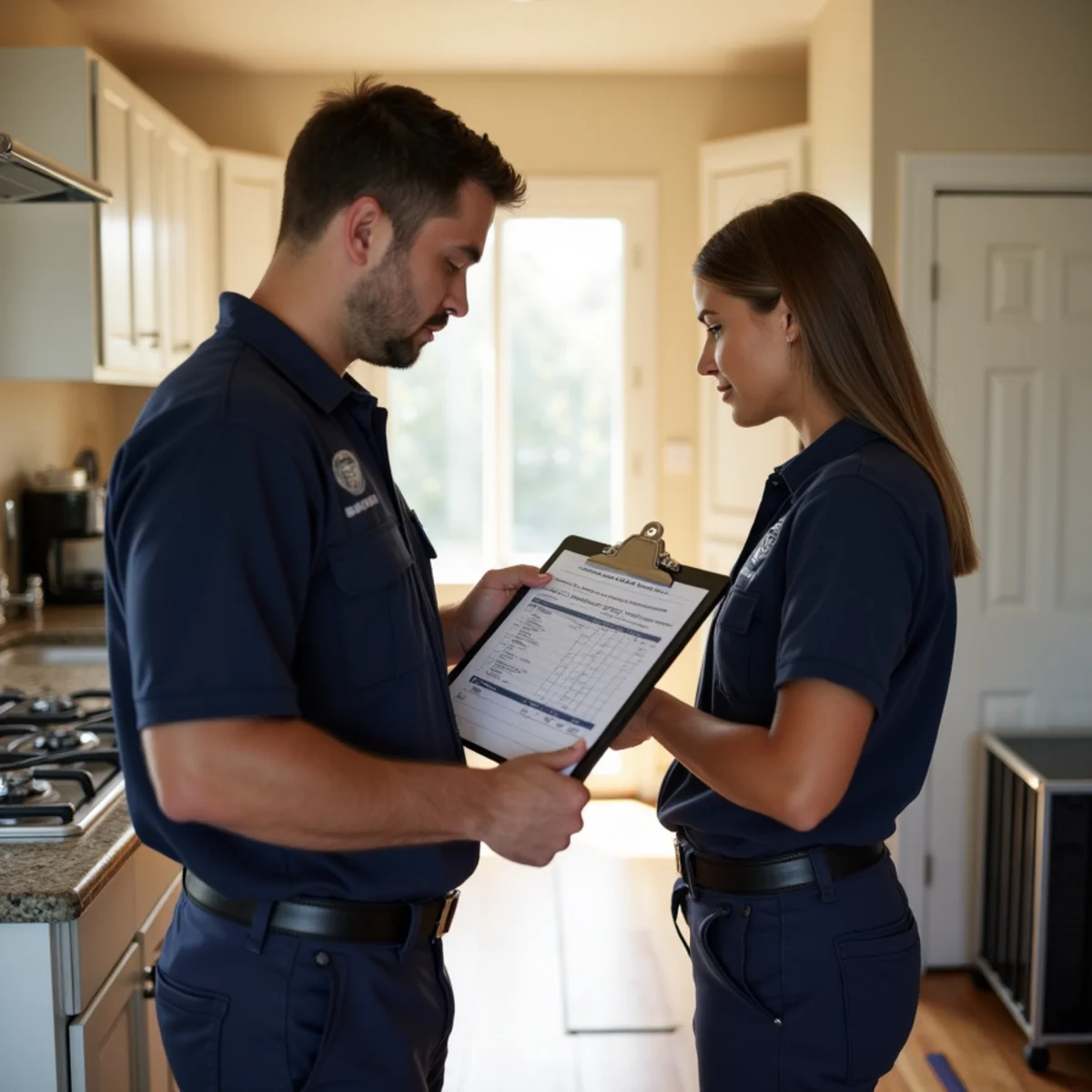 Restoration technician reviewing a drying log with a homeowner in San Ramon