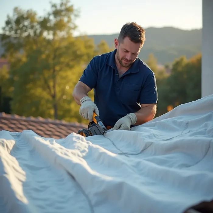 Emergency tarping during roof leak damage in a San Ramon, CA property