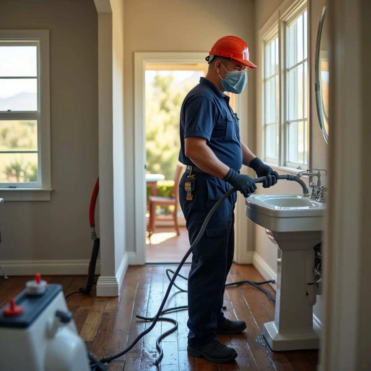 Technician in full PPE performing sewage backup cleanup in a San Ramon home bathroom