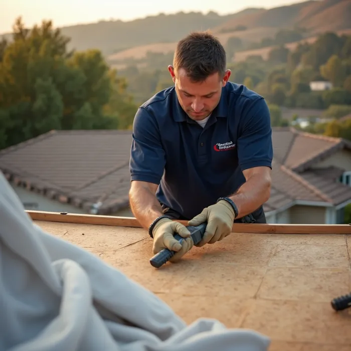 Emergency tarping and board-up during storm damage cleanup in a San Ramon, CA property