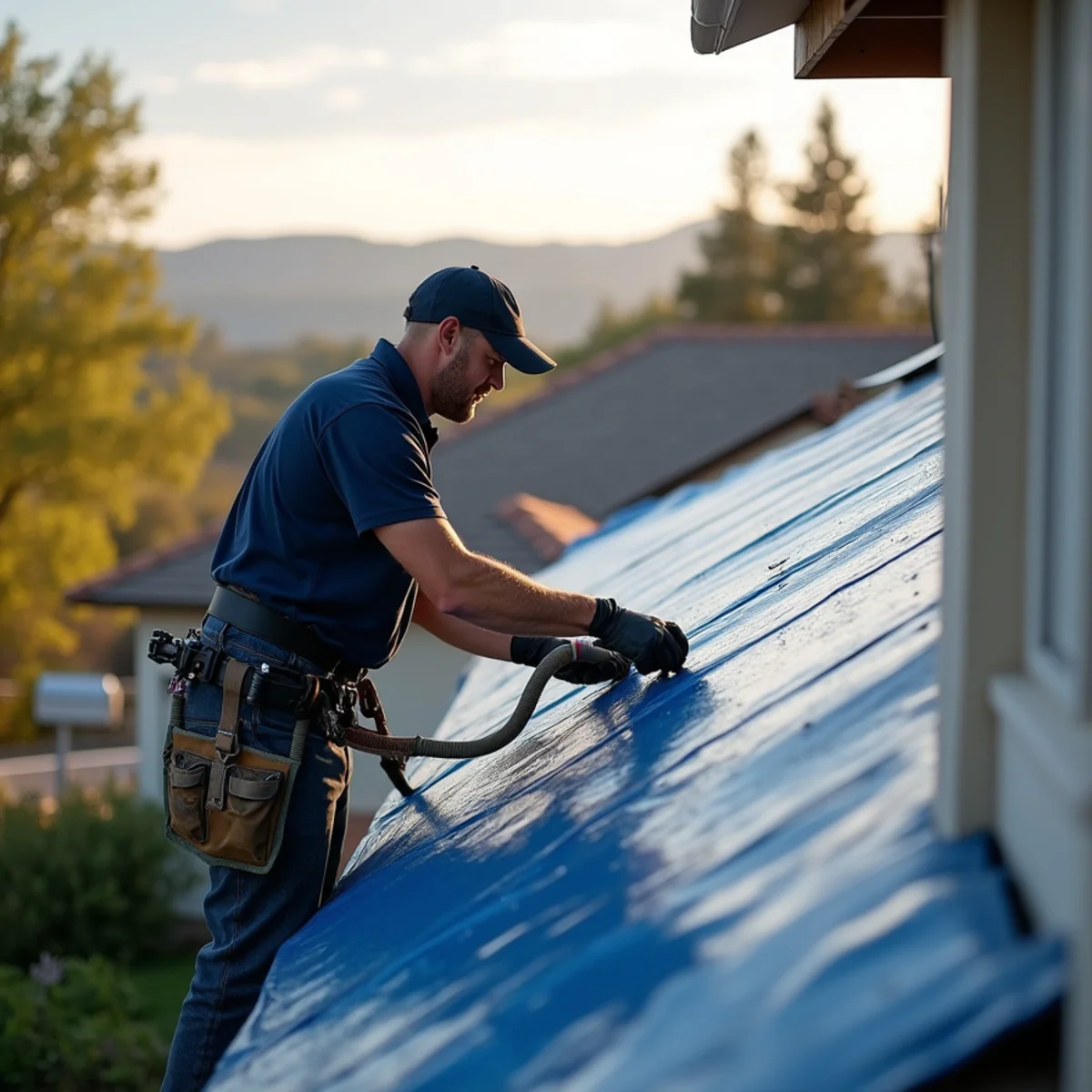 Storm damage restoration crew tarping a damaged roof on a San Ramon home during heavy rain