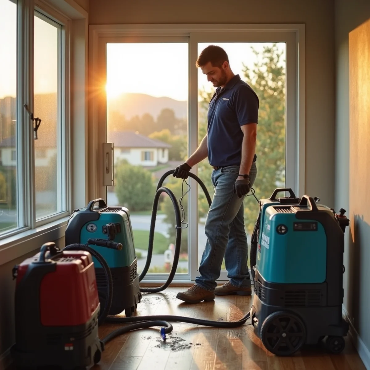 Commercial dehumidifiers and air movers drying a water damaged San Ramon home interior