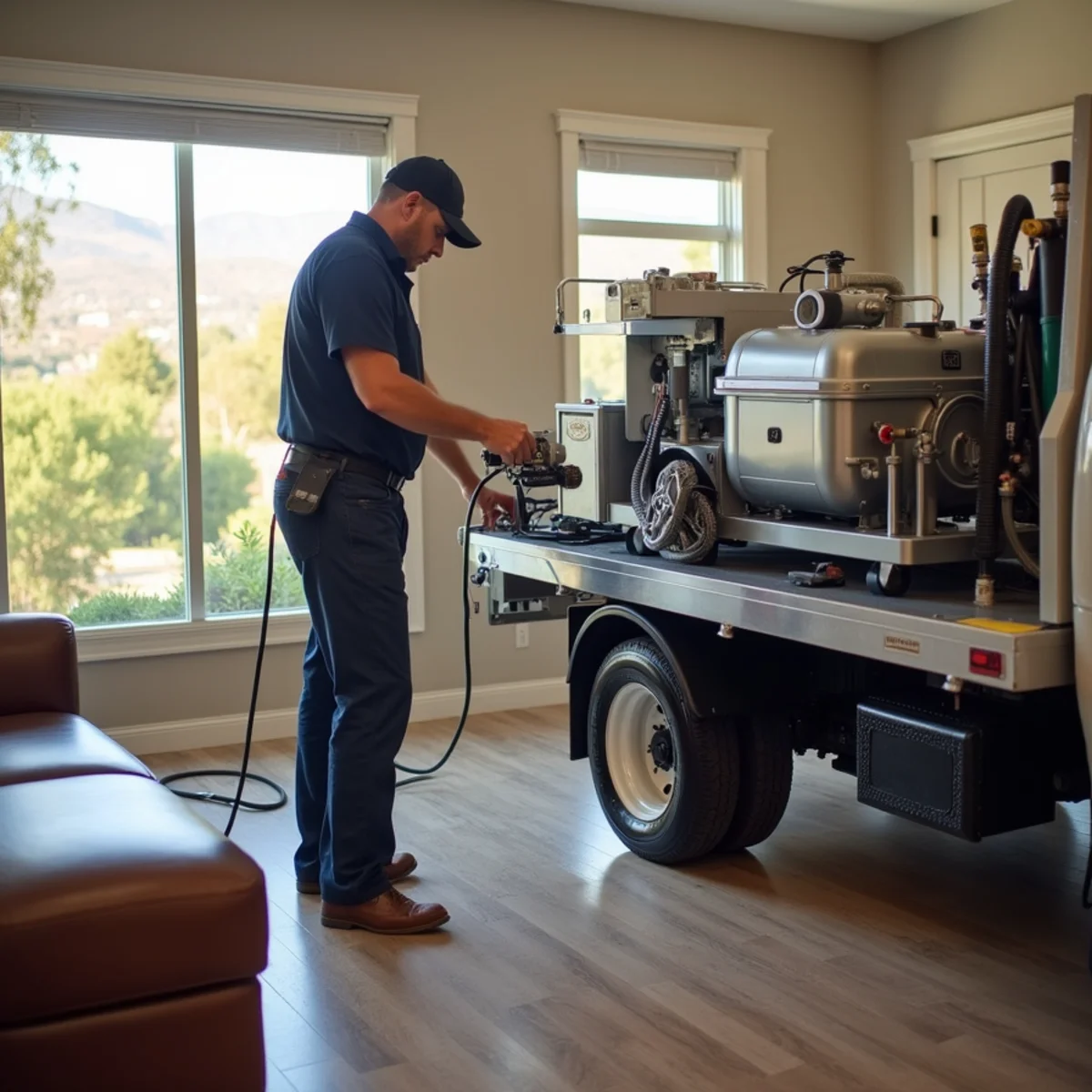 Technician using a truck-mounted water extraction unit in a San Ramon living room